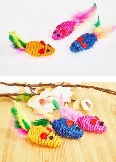 Set of three colorful sisal mouse cat toys with feather tails, packaged in clear plastic. - Image 13