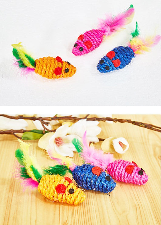 Set of three colorful sisal mouse cat toys with feather tails, packaged in clear plastic. - Image 13