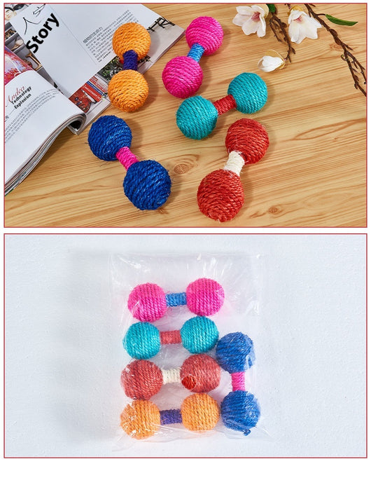 Five colorful sisal dumbbell-shaped cat toys in blue, pink, teal, orange, and red on a light wood surface. - Image 8