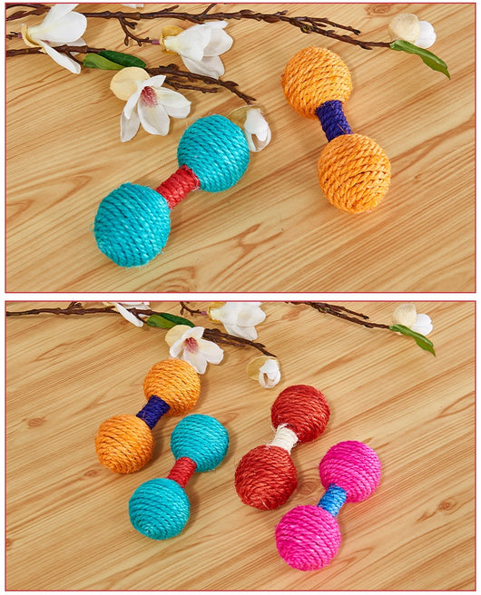 Five colorful sisal dumbbell-shaped cat toys in blue, pink, teal, orange, and red on a light wood surface. - Image 9