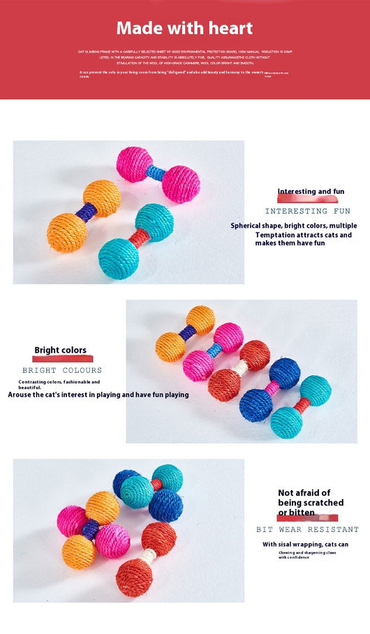 Five colorful sisal dumbbell-shaped cat toys in blue, pink, teal, orange, and red on a light wood surface. - Image 10