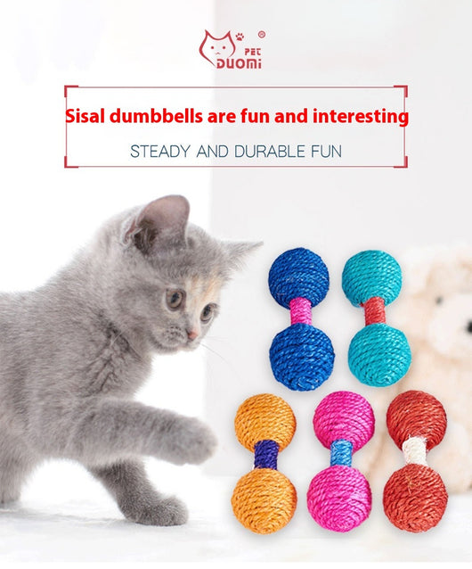 Five colorful sisal dumbbell-shaped cat toys in blue, pink, teal, orange, and red on a light wood surface. - Image 11