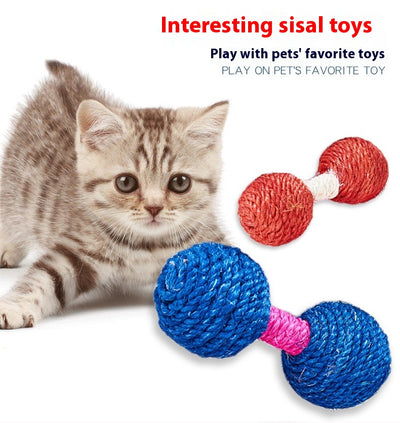 Five colorful sisal dumbbell-shaped cat toys in blue, pink, teal, orange, and red on a light wood surface. - Image 12