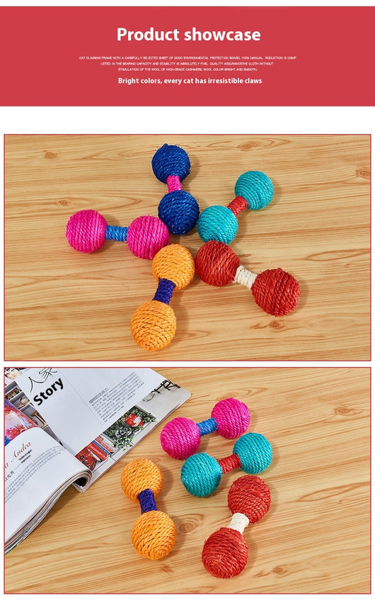 Five colorful sisal dumbbell-shaped cat toys in blue, pink, teal, orange, and red on a light wood surface. - Image 13