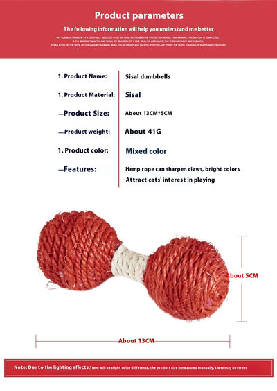 Five colorful sisal dumbbell-shaped cat toys in blue, pink, teal, orange, and red on a light wood surface. - Image 14