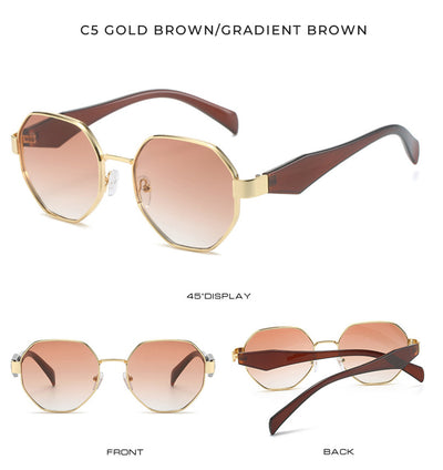 Polygonal sunglasses with a gold metal frame, beige temples, and dark black-gray lenses on a white background. - Image 27