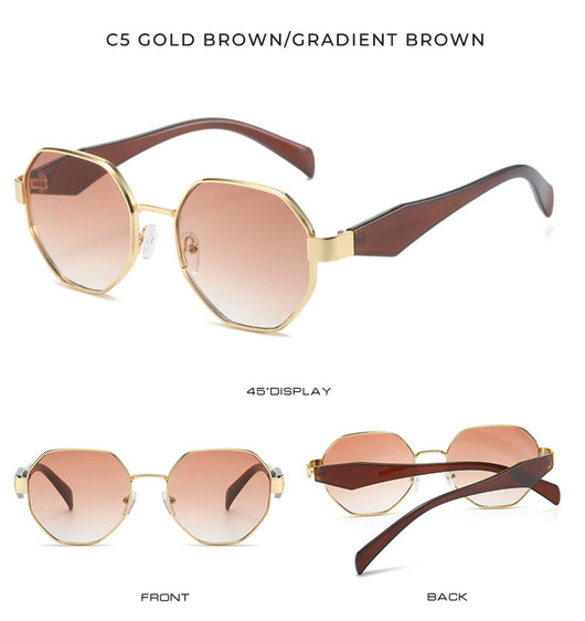 Polygonal sunglasses with a gold metal frame, beige temples, and dark black-gray lenses on a white background. - Image 27