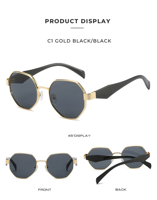 Polygonal sunglasses with a gold metal frame, beige temples, and dark black-gray lenses on a white background. - Image 28