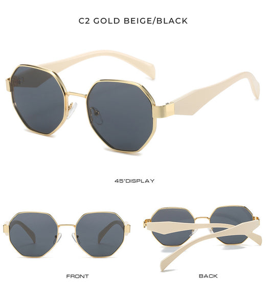 Polygonal sunglasses with a gold metal frame, beige temples, and dark black-gray lenses on a white background. - Image 33