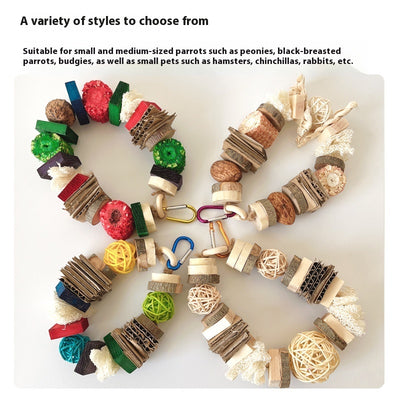 Natural wooden and rattan hanging pet chew toy with cardboard and loofah pieces for parrots, hamsters, or rabbits. - Image 14