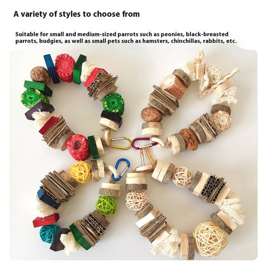 Natural wooden and rattan hanging pet chew toy with cardboard and loofah pieces for parrots, hamsters, or rabbits. - Image 14