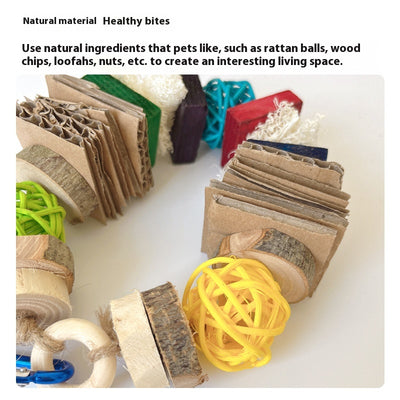 Natural wooden and rattan hanging pet chew toy with cardboard and loofah pieces for parrots, hamsters, or rabbits. - Image 17