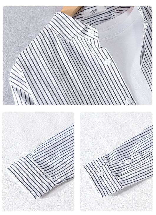 Camisa Casual Hombre a Rayas Azul Otoño Estilo Coreano - Image 11