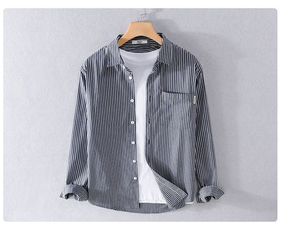 Camisa Casual Hombre a Rayas Azul Otoño Estilo Coreano - Image 14
