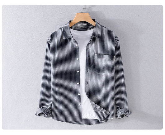 Camisa Casual Hombre a Rayas Azul Otoño Estilo Coreano - Image 14