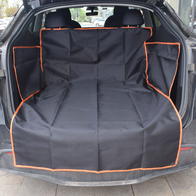 Black dog car mat covering the trunk and rear seat of a grey SUV, with a German Shepherd lying on it. - Image 20
