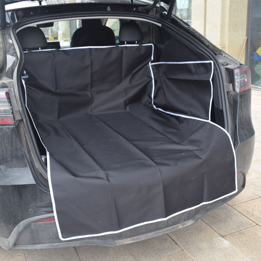 Black dog car mat covering the trunk and rear seat of a grey SUV, with a German Shepherd lying on it. - Image 22