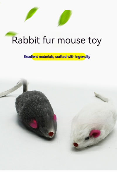 Two rabbit skin mouse cat toys, one dark gray and one white, with pink ears and red noses, on a white background. - Image 7
