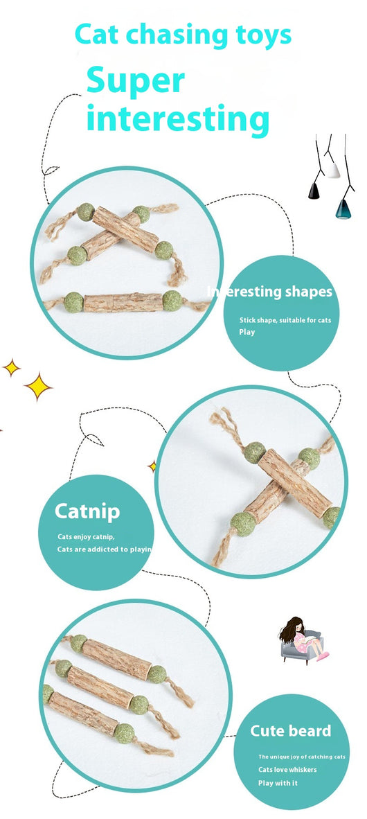 Mutian Liao stick catnip toy shaped like a dumbbell, with three wooden sticks and six green catnip balls. - Image 7