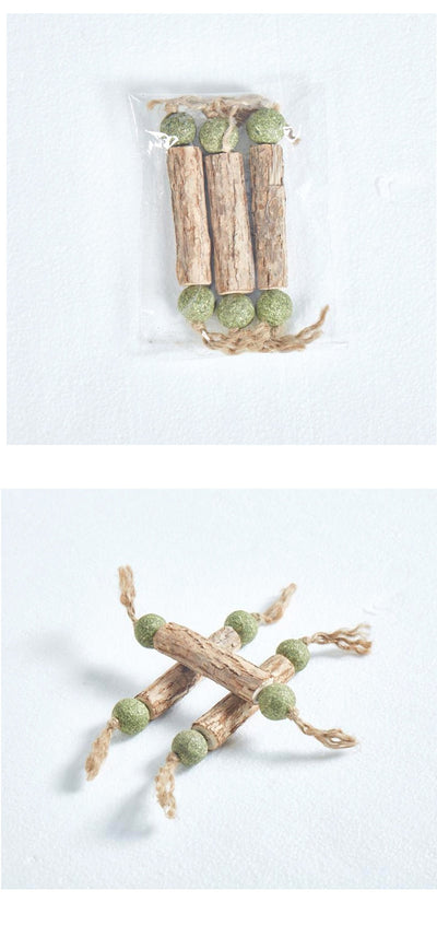 Mutian Liao stick catnip toy shaped like a dumbbell, with three wooden sticks and six green catnip balls. - Image 9