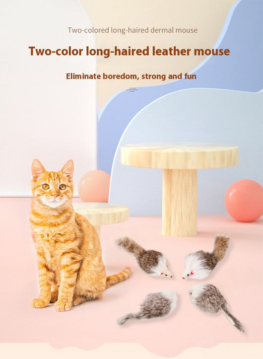 Four furry cat mouse toys with white and brown fur, red noses, and black eyes on a white background. - Image 9