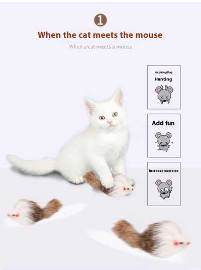 Four furry cat mouse toys with white and brown fur, red noses, and black eyes on a white background. - Image 12
