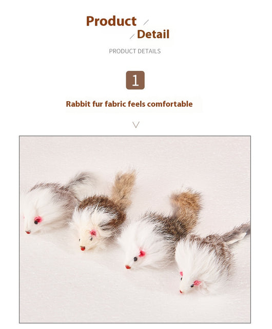 Four furry cat mouse toys with white and brown fur, red noses, and black eyes on a white background. - Image 15