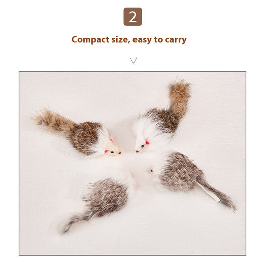 Four furry cat mouse toys with white and brown fur, red noses, and black eyes on a white background. - Image 16