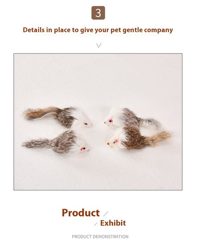 Four furry cat mouse toys with white and brown fur, red noses, and black eyes on a white background. - Image 17