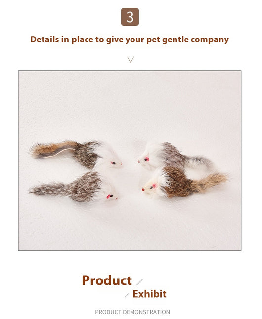 Four furry cat mouse toys with white and brown fur, red noses, and black eyes on a white background. - Image 17