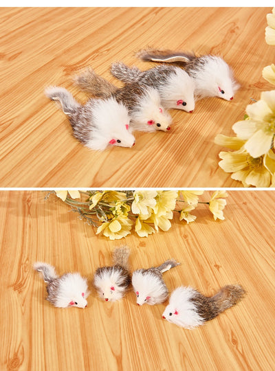 Four furry cat mouse toys with white and brown fur, red noses, and black eyes on a white background. - Image 18