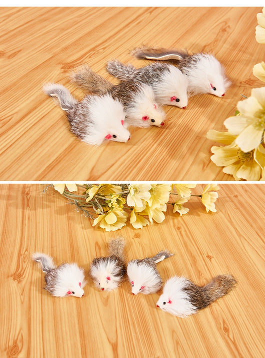 Four furry cat mouse toys with white and brown fur, red noses, and black eyes on a white background. - Image 18