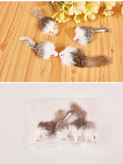 Four furry cat mouse toys with white and brown fur, red noses, and black eyes on a white background. - Image 19