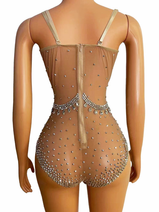 Jumpsuit de Lujo Mesh con Diamantes Completos y Escote Triangular - Image 12