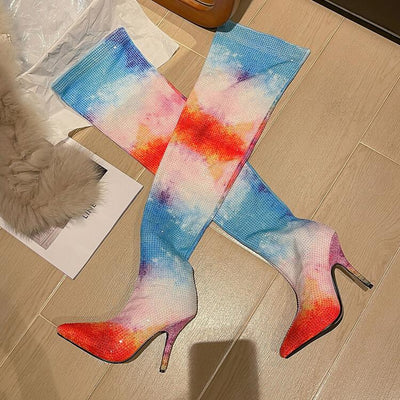 Botas Iridiscentes Altas a la Rodilla con Tacón Fino y Elástico para Mujer - Image 8