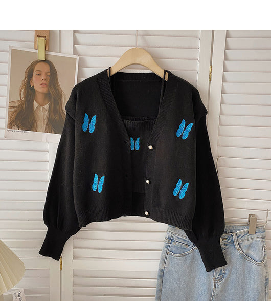 Chaleco de Punto con Bordado de Mariposa y Cardigan Manga Larga - Conjunto de Dos Piezas - Image 22