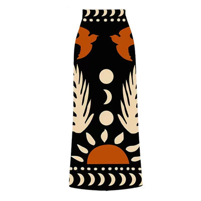 Black one-piece swimsuit with an asymmetrical top and matching long skirt, featuring a tropical palm tree and bird print. - Image 27