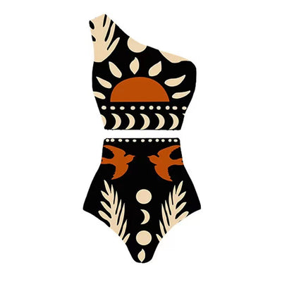 Black one-piece swimsuit with an asymmetrical top and matching long skirt, featuring a tropical palm tree and bird print. - Image 28