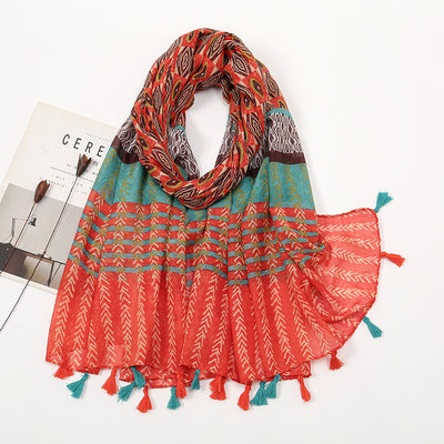 Pañuelo de Algodón y Lino con Estampado a Juego y Borlas - Image 6