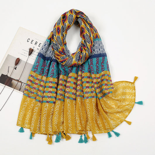 Pañuelo de Algodón y Lino con Estampado a Juego y Borlas - Image 9