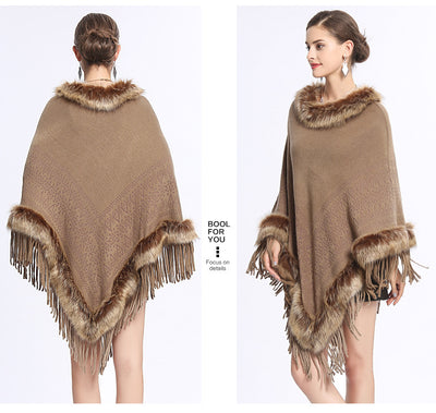 Poncho Tejido con Cuello de Piel Sintética de Zorro y Borlas - Image 12