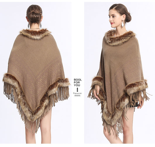 Poncho Tejido con Cuello de Piel Sintética de Zorro y Borlas - Image 12