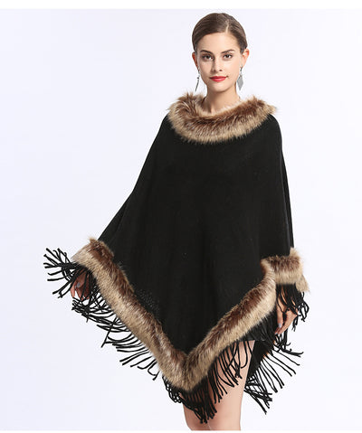 Poncho Tejido con Cuello de Piel Sintética de Zorro y Borlas - Image 13