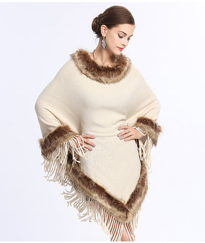 Poncho Tejido con Cuello de Piel Sintética de Zorro y Borlas - Image 14