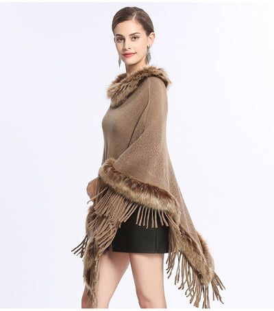 Poncho Tejido con Cuello de Piel Sintética de Zorro y Borlas - Image 18