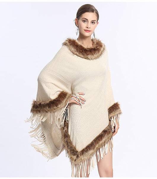 Poncho Tejido con Cuello de Piel Sintética de Zorro y Borlas - Image 21