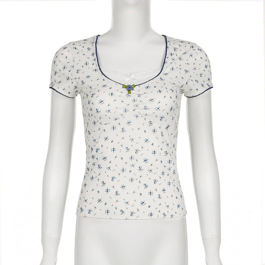 Blusa Manga Corta con Cuello Cuadrado, Pliegues y Moño de Encaje - Image 29