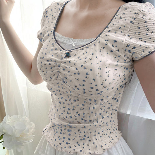Blusa Manga Corta con Cuello Cuadrado, Pliegues y Moño de Encaje - Image 33
