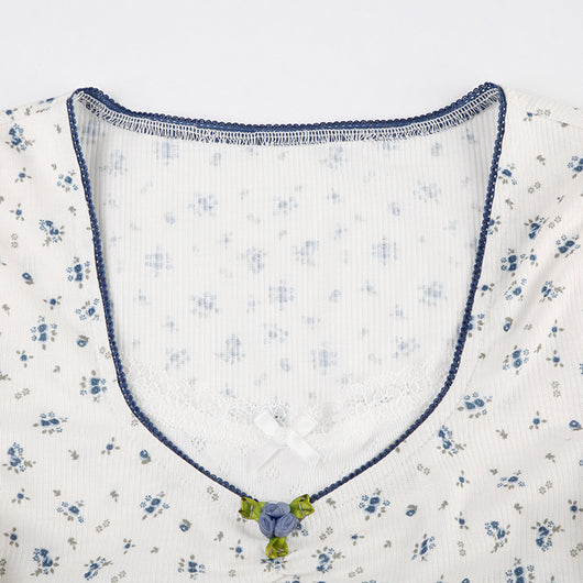 Blusa Manga Corta con Cuello Cuadrado, Pliegues y Moño de Encaje - Image 37
