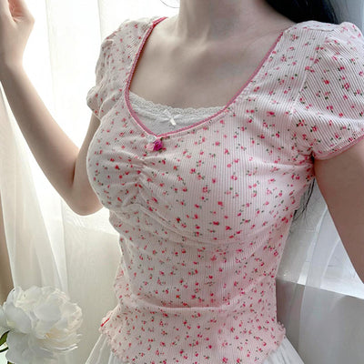 Blusa Manga Corta con Cuello Cuadrado, Pliegues y Moño de Encaje - Image 39